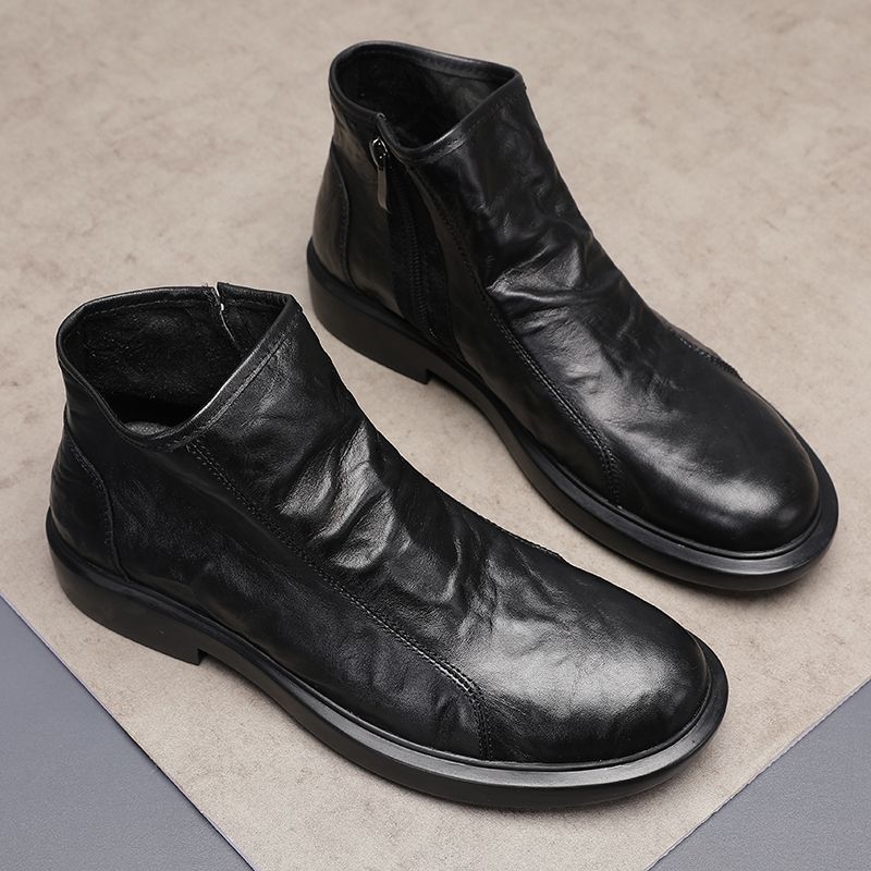 Men's Genuine Top-Grain Cowhide Work High-Top Boots Breathable Hand-Textured British Style Casual Single-Layer Leather Shoes