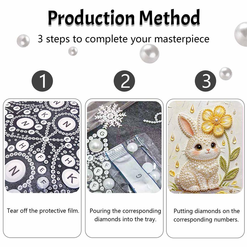 DIY Frameless Pearl Painting Kit Cute Bunny Flower 3D Shiny Bead Art Canvas Relaxing Creative Craft for Home Wall Decor Gift