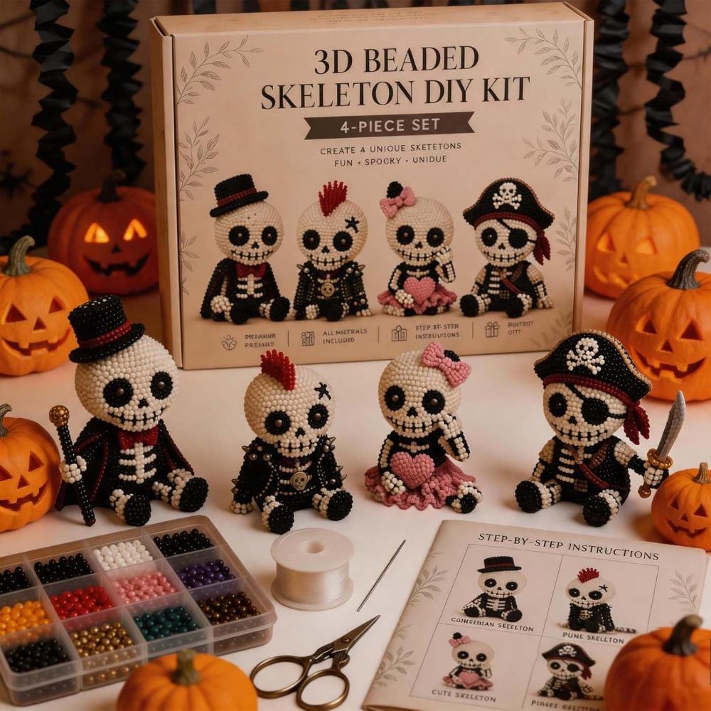 Halloween Perlen-Set - 3D Perlen-Skelett DIY Bastelset für Anfänger, Komplette Bastelmaterialien zur Herstellung einer handgefertigten Skelettfigur