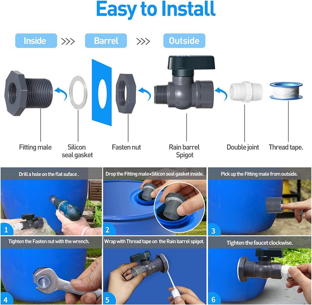 PVC Water Barrel Spigot Kit With Universal Connector Thread, Wall Hanging Mount, Installation Hardware Included For Garden And Rain Barrel