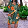 Women Plus Size V Neck Long Sleeve Red Floral Printed Fitted Straight Hem Dress