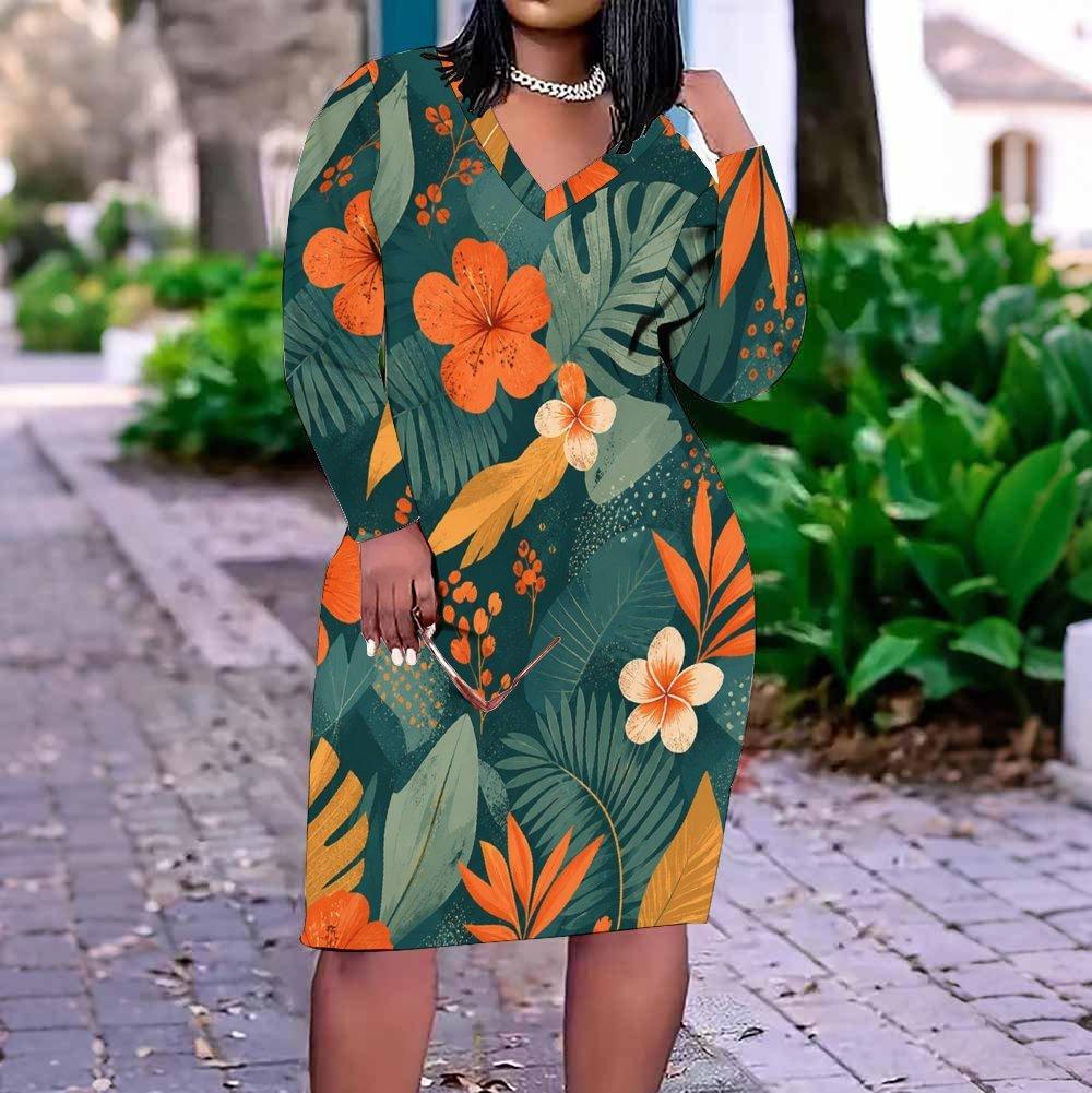 Women Plus Size V Neck Long Sleeve Red Floral Printed Fitted Straight Hem Dress