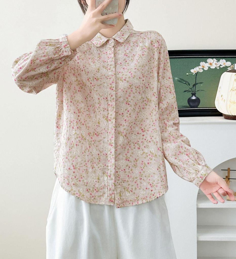 Stylish Blue Floral Double Layer Cotton Gauze Long Sleeve Women's Shirt - Spring 2026 Collection
