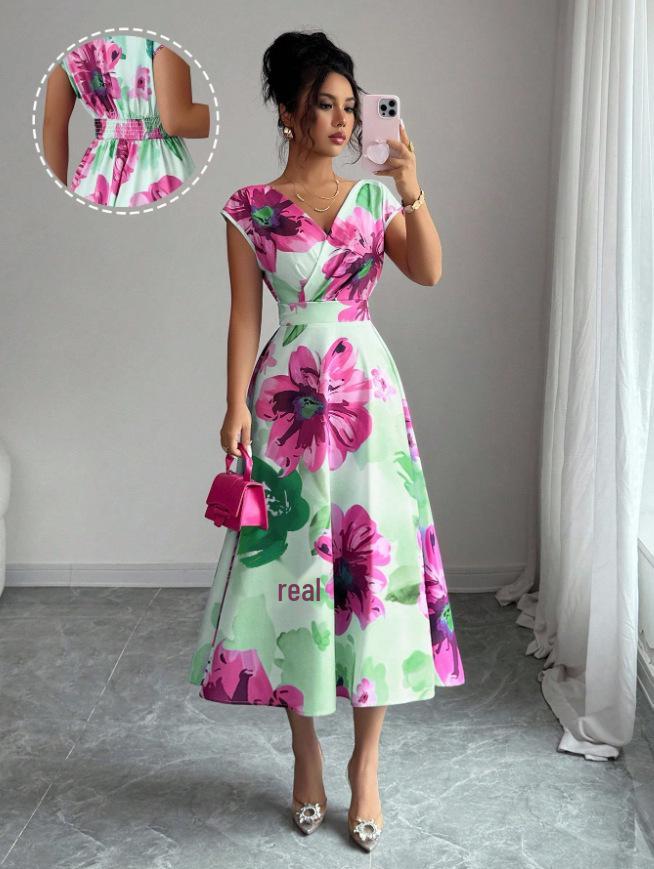 2026 Elegant Watercolor Print V-neck Waist-cinching Slimming Long Dress 2XL