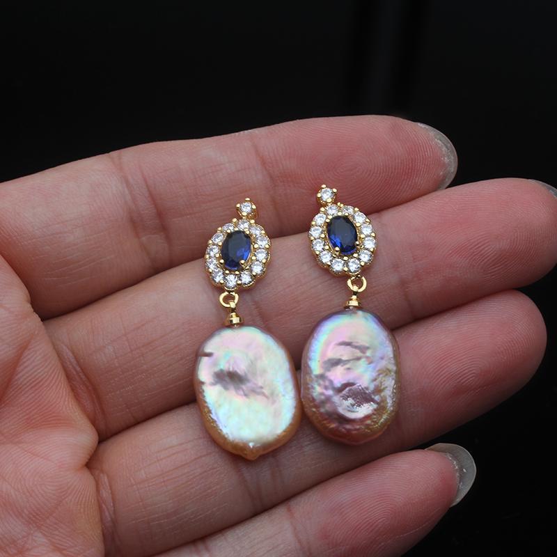 Genuine Baroque Pearl Earrings for Women,Zircon 18k Gold Plated Pearl Earrings Mother Wife Christmas Gift White Purple