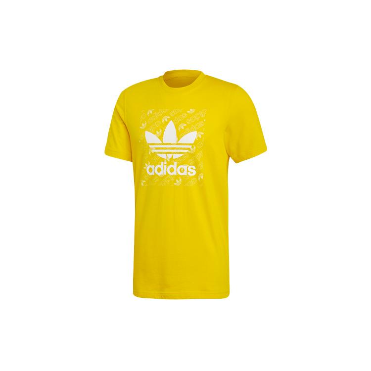 Adidas Originals MONOGRAM SQUARE Retro T Shirts Men s Yellow Crew Neck Moderate Straight Fit ED7045 XS