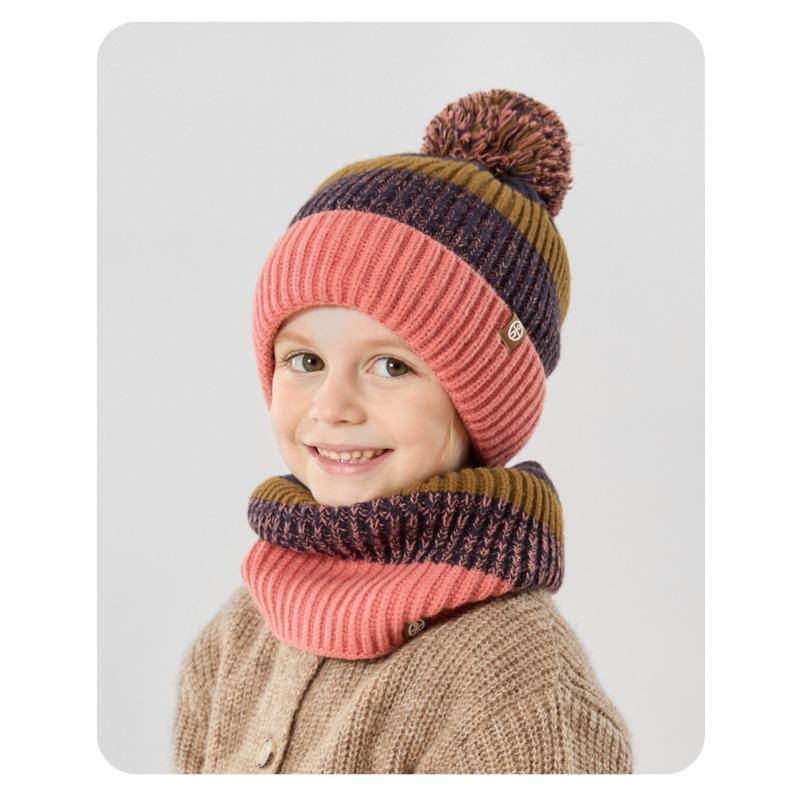 Children's Scarf Three Piece Set with Plush Contrasting Color Ball Hat, Scarf Gloves, 3-piece Set for Warmth