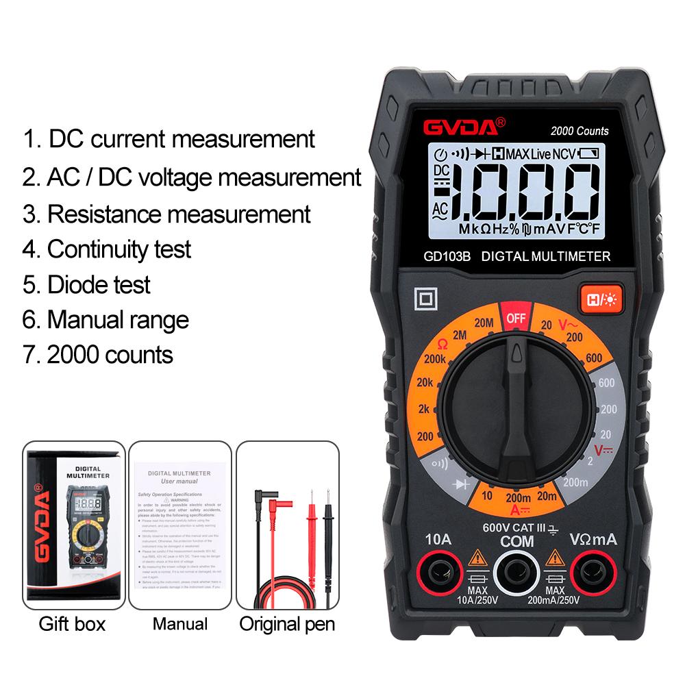 GVDA Digital Multimeter DMM Voltmeter True RMS AC DC Ohm Voltage Meter Resistance Tester 2000 Counts Multitester Diode Tester