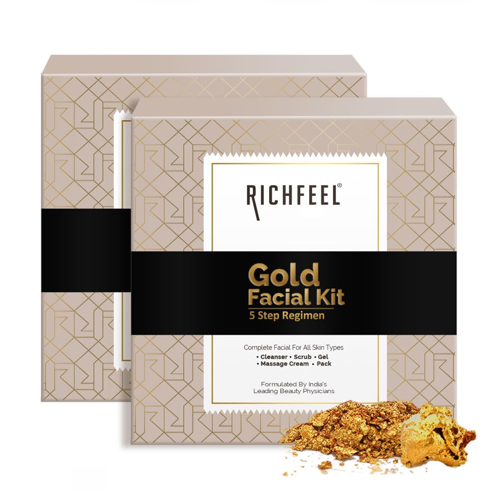 Richfeel Gold Facial Kit | Bright & Glowing Skin | Parlour Like Instant Glow With The Goodness Of Gold Foils| 30 g Pack of 2 Kit 5X6G Pack of 2