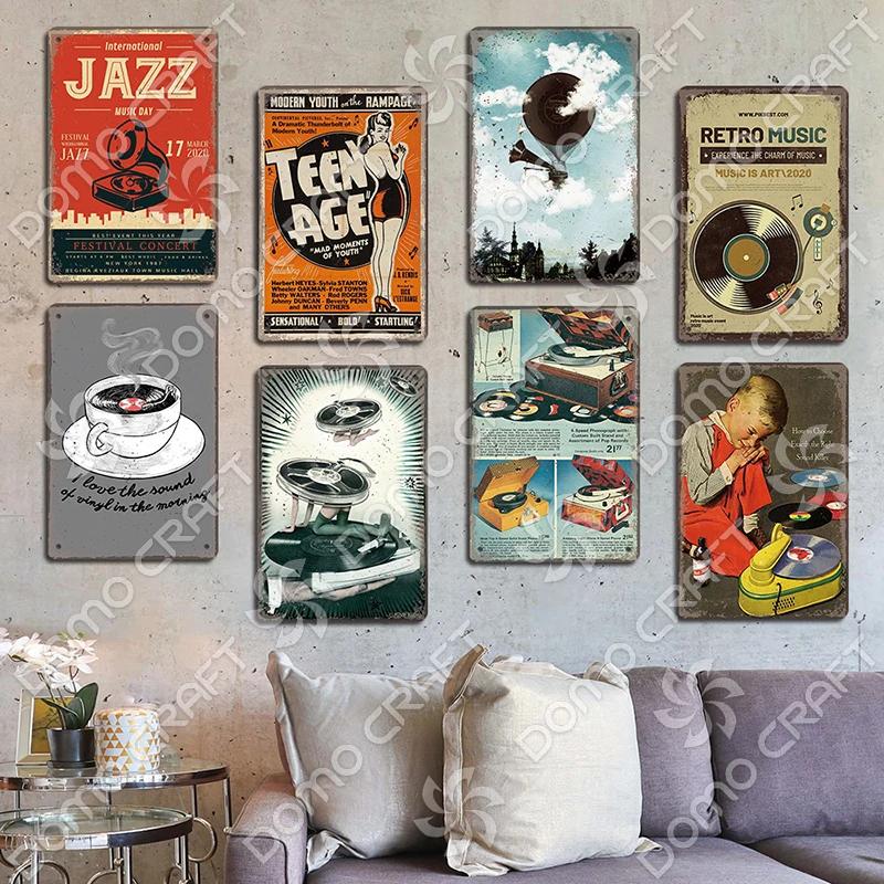Retro Plakat Muzyczny Metalowe Tabliczki Blaszane Płyta Winylowa Fonograf Metalowa Plakietka Dekoracja Ścienna Vintage do Kawiarni Baru Pubu Salonu Domu