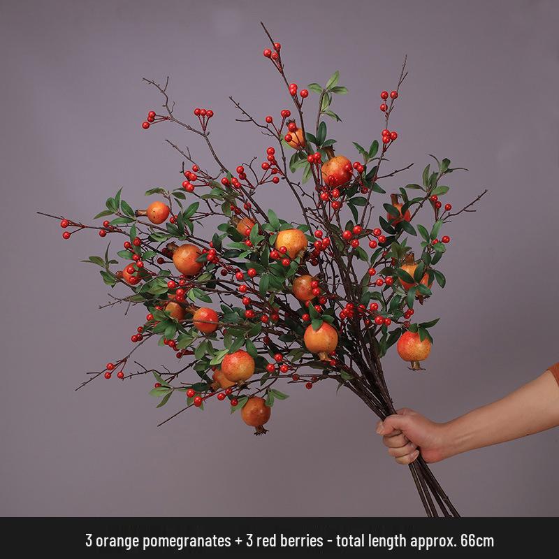 High-End Artificial Pomegranate Flower & Fruit Tree Branch Arrangement for Living Room or Dining Table Decor.