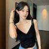 #Summer new Spice Girl style V-neck lace dispensing splicing ice silk vest female slim one-piece with chest pad