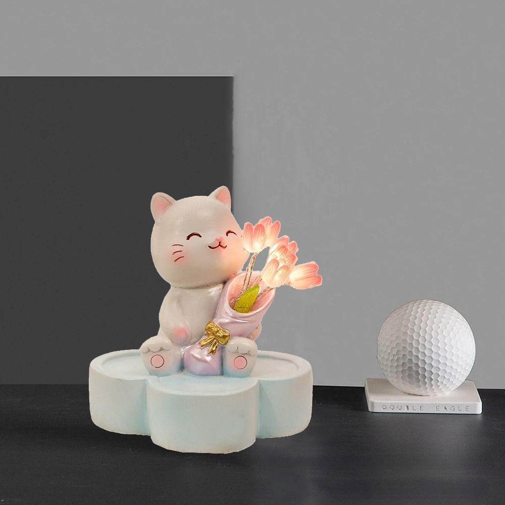 Kawaii Little Cat Tulip Night Light Cartoon Animal Bouquet Sculpture Bedroom