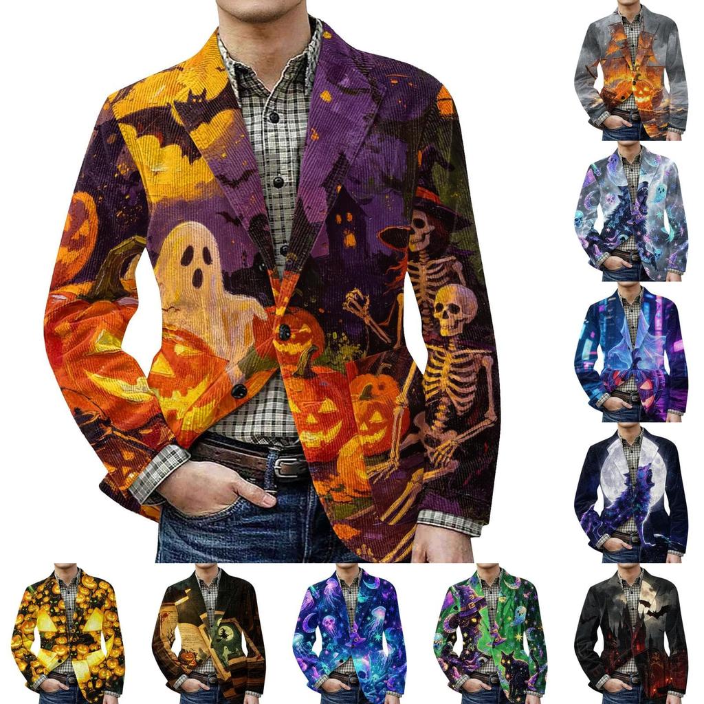 Men's Halloween Print Corduroy Warm Blazer Jacket with Pockets Casual Suit Coat Cardigan for Fall and Winter Wear