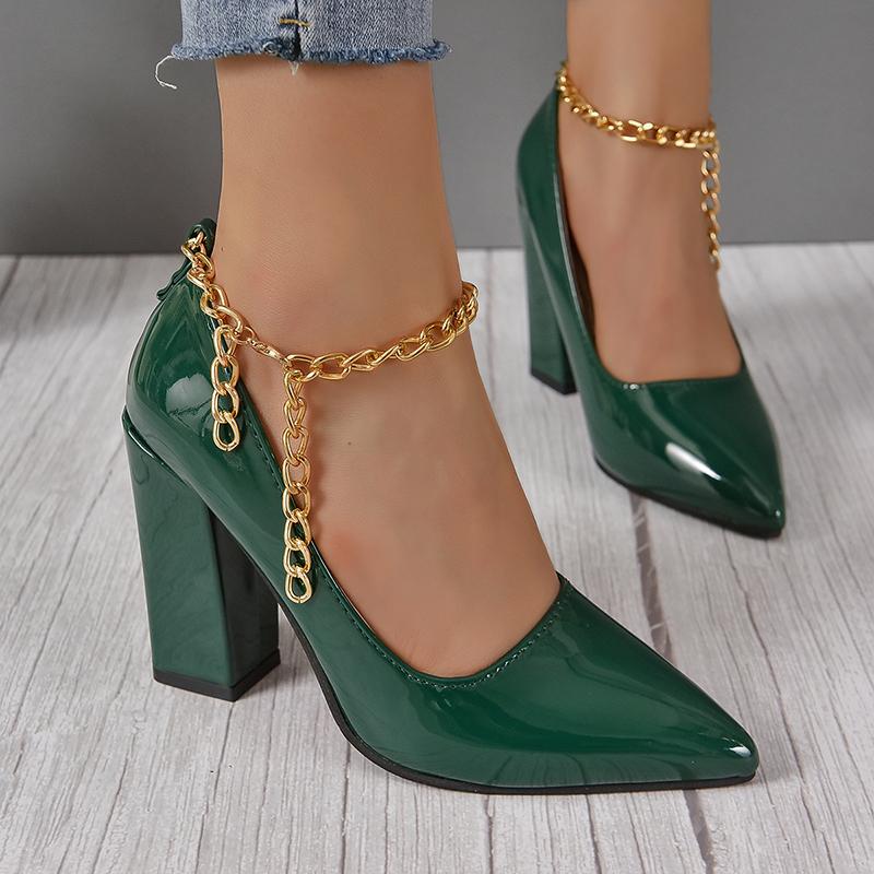 Fashion Aphixta Hot Sale Sexy Super High Heel 10cm Square Heels Pumps Women Gold Metal Chain Ankle Strap Shoes Pointed Toe Big Size50 53