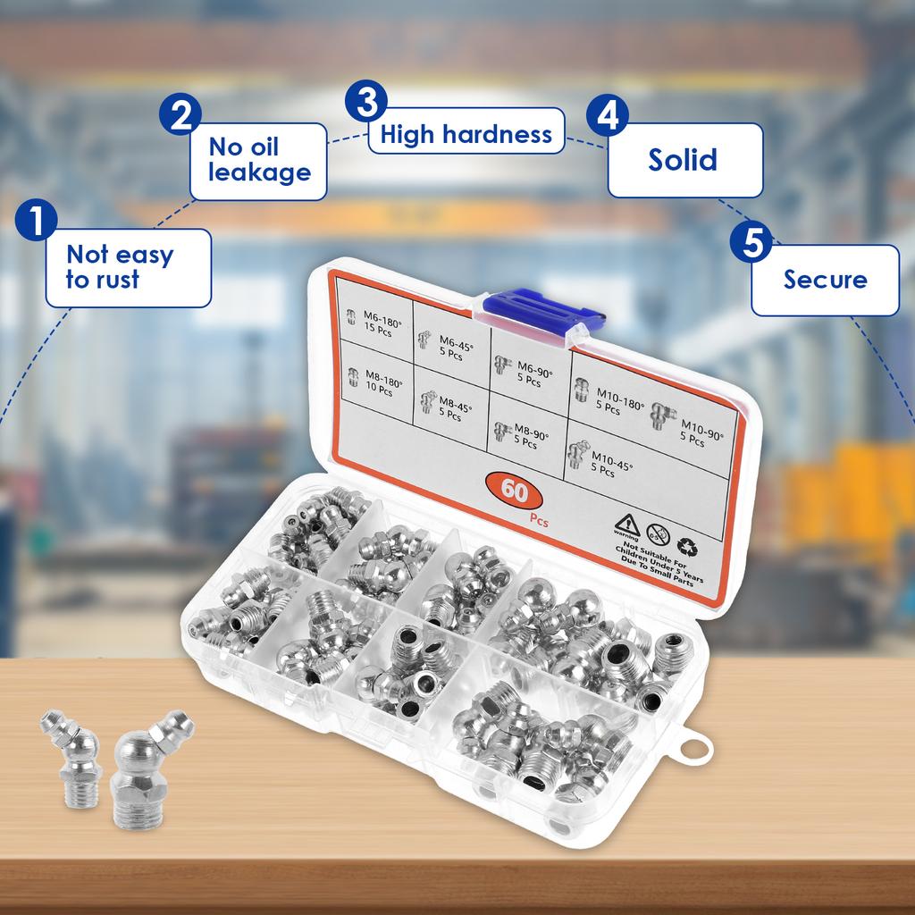 60Pcs Metric Grease Fitting Assortment Straight 45°/90°Angle Galvanized Metal Grease Nipple with Storage Box