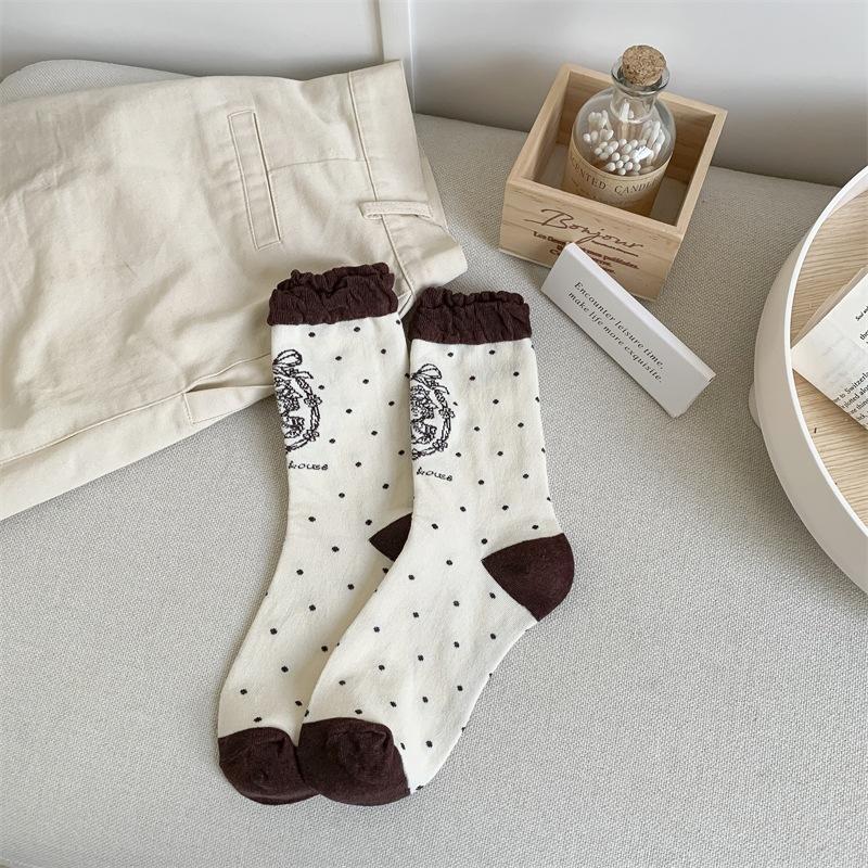 Bubble Mouth Line Doll Lolita Socks Women Vintage Polka Dot Slim Leg Socks Pure Cotton Mid-Leg Socks