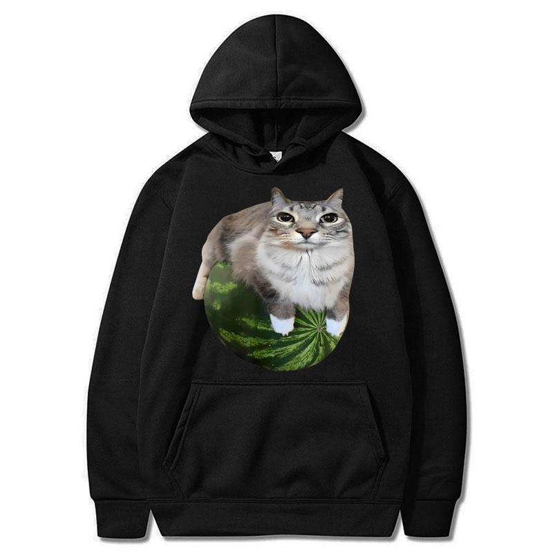 Funny Silly Watermelon Cat Meme Hoodie Women Humor Stylish Hilarious Long Sleeve Oversized Fleece Casual Pullover Streetwear