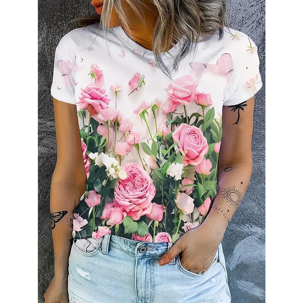 Damen T-Shirts Rundhals Kurzarm Farbverlauf Lila Blütenzweig Druck T-Shirt Damen Outfits Lässige Streetwear Coole Kleidung
