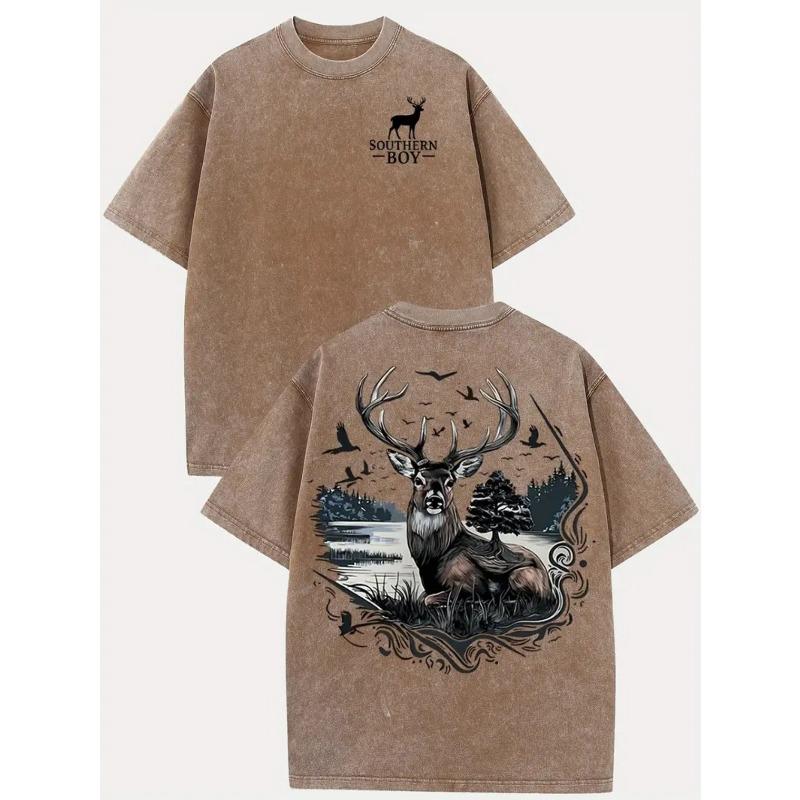 

European sizes Men s Washed Cotton Short-sleeved T-shirt, Bucks Forest Pattern Retro Style, High Quality Fashion, Soft and Comfortable 5XL дубильна кора