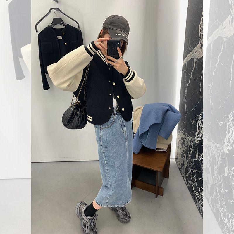 

[13C] Короткая бейсбольная форма Весенне-осеннее пальто Женская лоскутная контрастного цвета Стильная куртка K-style Свободные топы