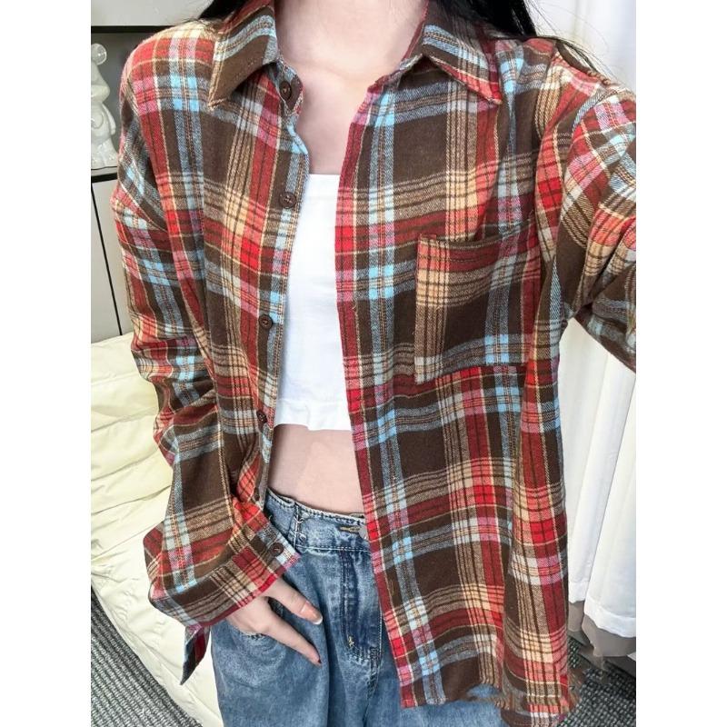 2025 Spring and Autumn New Shirt for Women Korean Version Retro Hong Kong Style POLO Collar Student Plaid Loose Jacket Shirt for Women