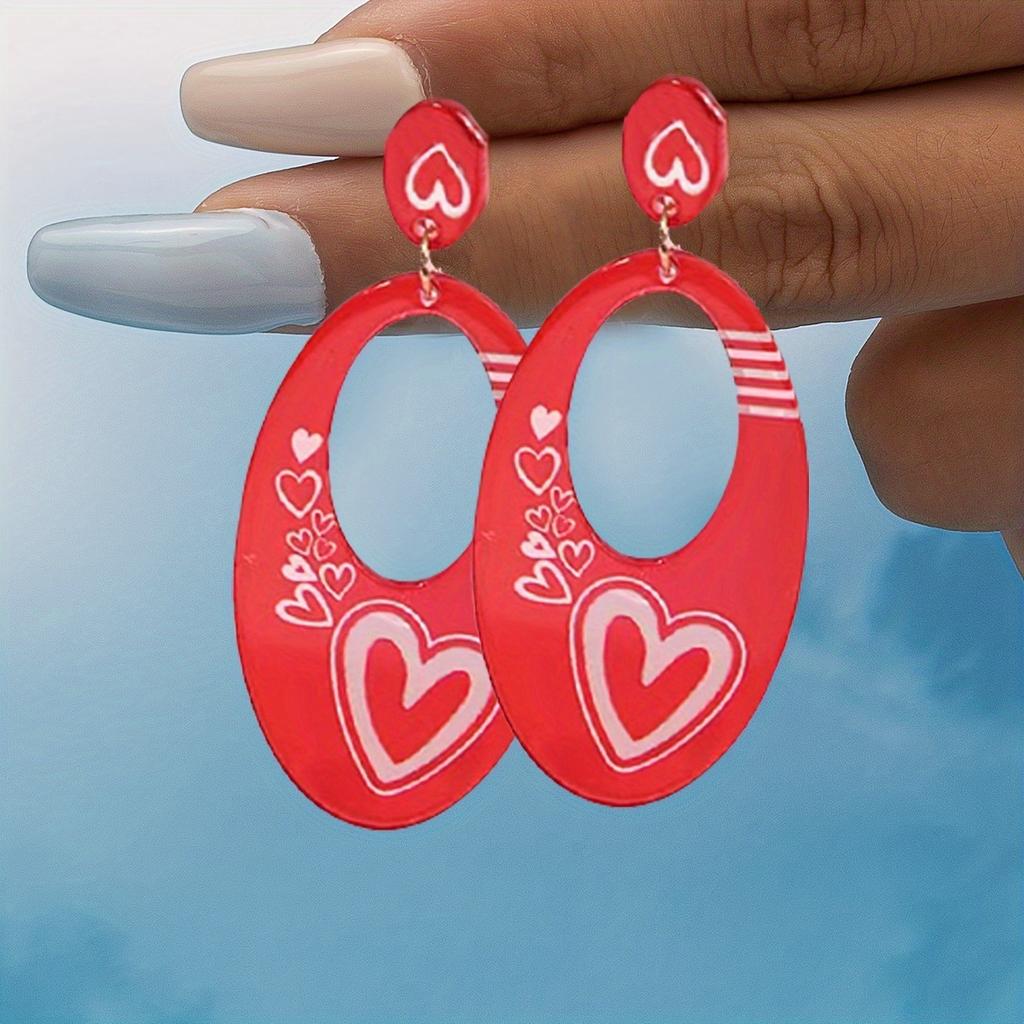 Red geometric oval love print earrings fashionable and elegant festive high-end women's earrings