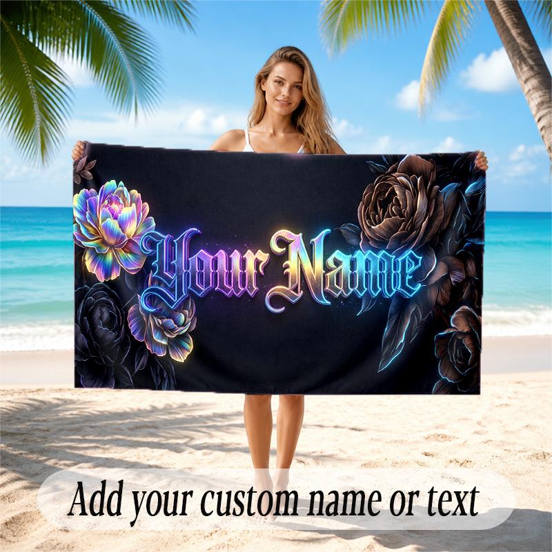 Floral Garden Theme Quick Dry Beach Towel Custom Name Text Print Large Sand Resistant Towel Beach Vacation