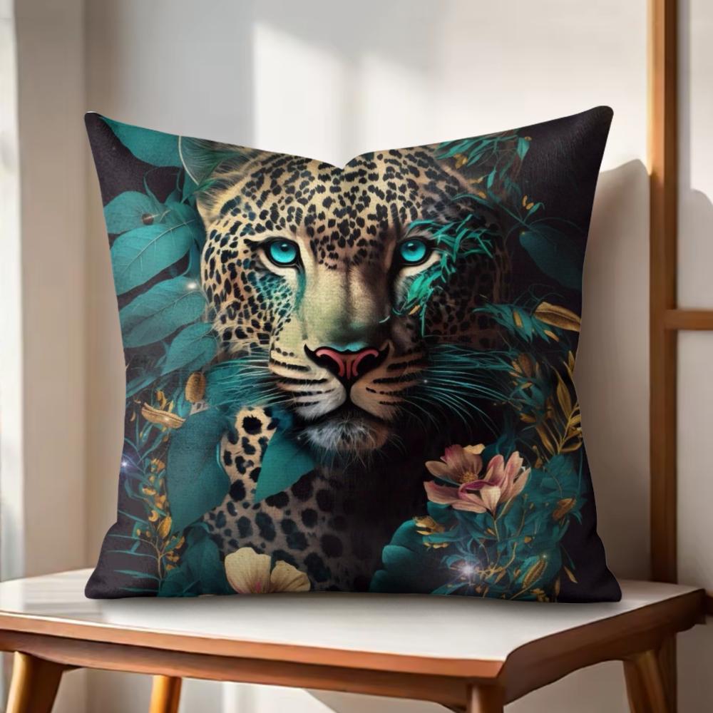 Leopard Kranz Kunst Kissenbezug Natürlicher Leinen Bio-Stoff Beidseitiger Druck Sofakissenbezüge Heimdeko Geschenk