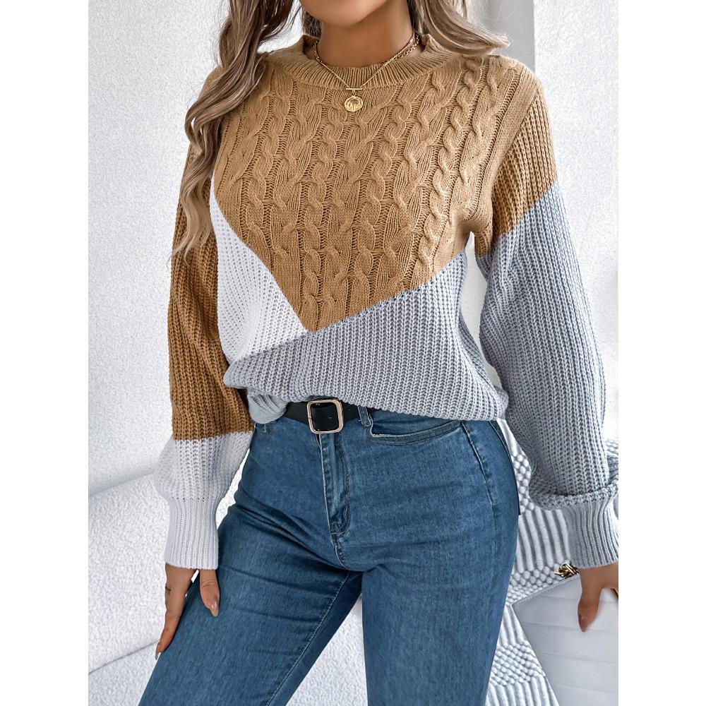 Women's Sweatshirt-Style Casual Colour-Blocked Cable-Knit Long-Sleeved Pullover Knit Top
