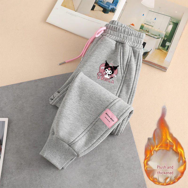Kuromi Girls' Fleece-Lined Sweatpants - Cartoon Print, Warm & Thick, Cuffed for Spring/Autumn