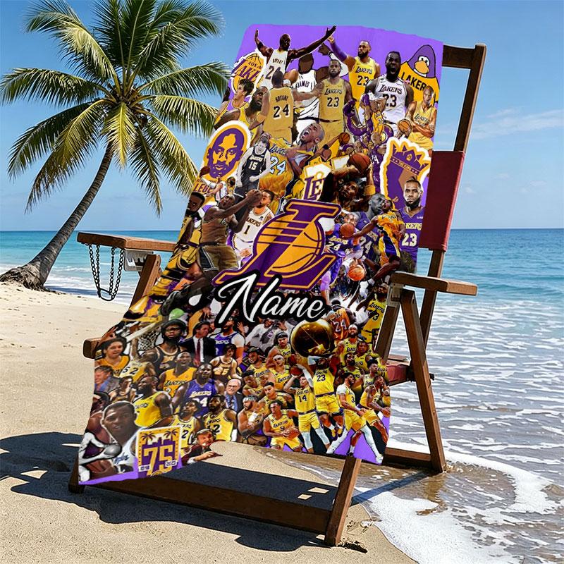 Custom Name Personalized Los Angeles Lakers basketball Print Beach Towel, for Trip Camping Beach Party Home Decor, Birthday Gift for Family & Friends