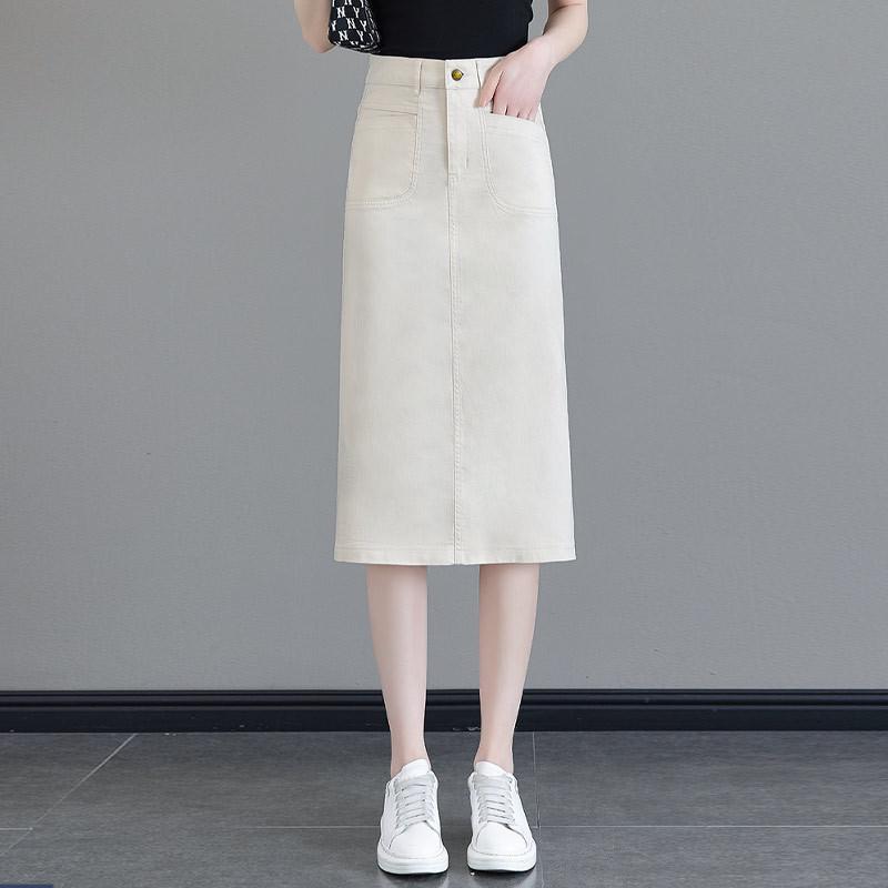 High Waist Denim Midi Skirt with Back Slit - Slimming Spring Fashion Pencil Skirt