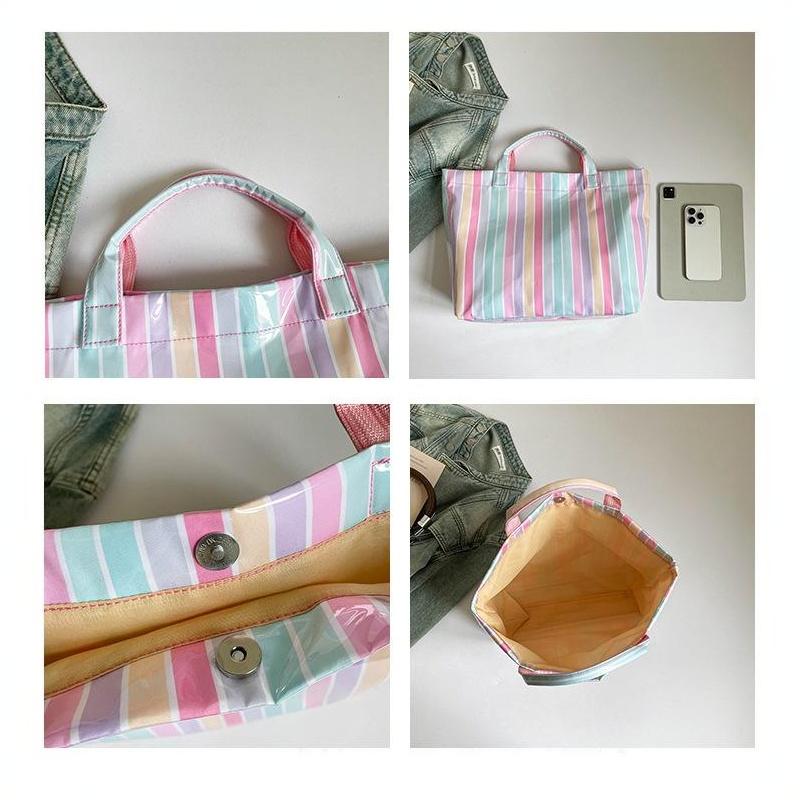 This Water-Resistant Pvc Tote Bag Features A Pink And Blue Striped Design, A Large Capacity, And Is Suitable For Beach Shopping,