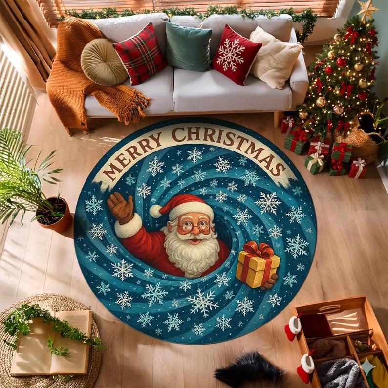 Christmas Village Round Rug Nordic Winter Round Reindeer Ornaments Round Rug Cozy Cabin Round Rug Festive Forest Holiday Decor