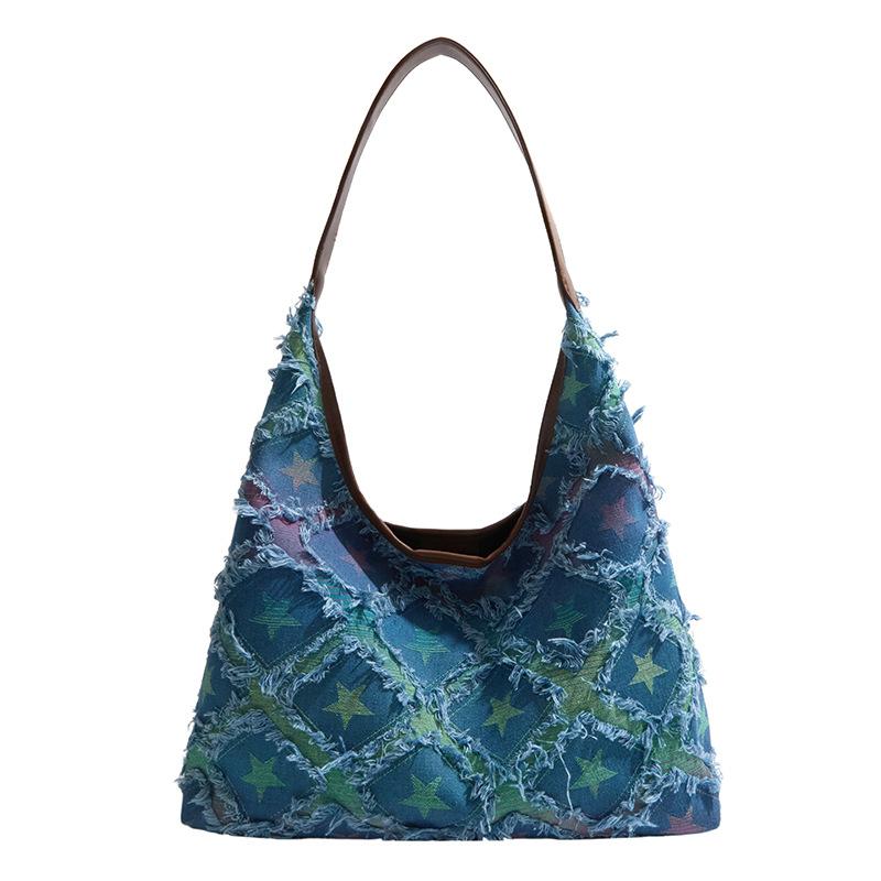 Star Print Frayed Denim Tote Bag Large Capacity Casual Shoulder Handbag for Women
