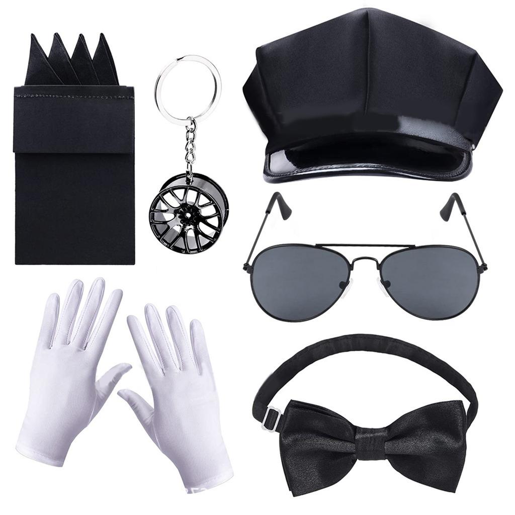 Chauffördräkt Chaufförshatt Mustascher Glasögon Handskar Set Fotorekvisita Halloweenfest Coaplay Chaufför Rollspel