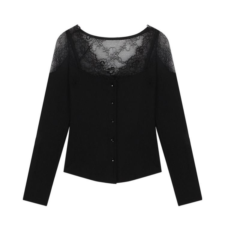 Lace splicing long-sleeved knitted sweater women's autumn and winter new sexy pure desire slim short inner