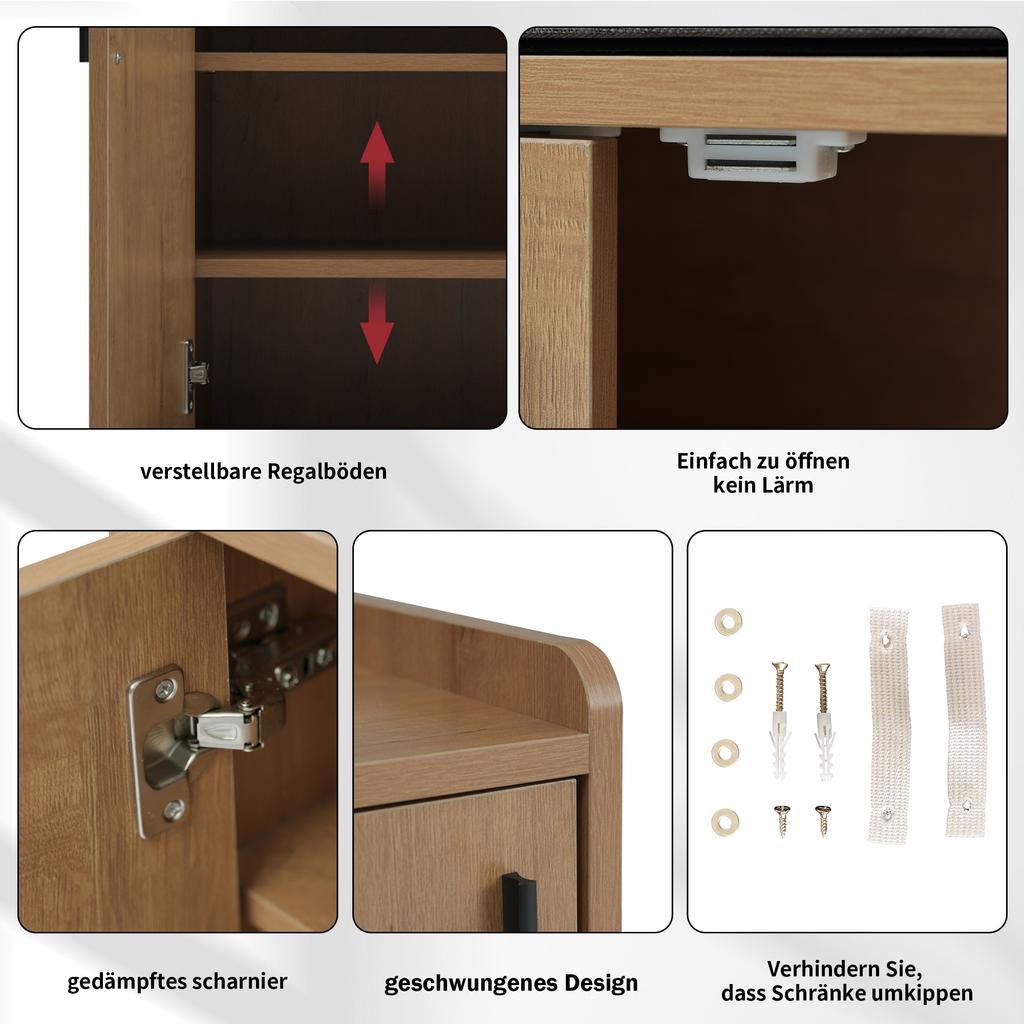 Modern Shoe Bench with Wood Grain, Shoe Cabinet, Four Storage Doors, Asymmetrical Metal Handles, W120/D34/H82.8 CM (OLD SKU: N657P242917N)