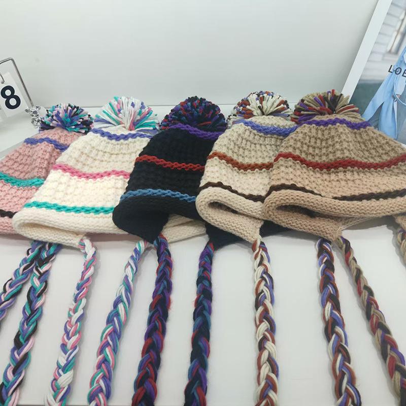 Hand woven Autumn and Winter Warm Hat for Women with Straps and Ear Protection Knitted Hat Showing Face Small Pullover Hat Tassel Woolen Hat