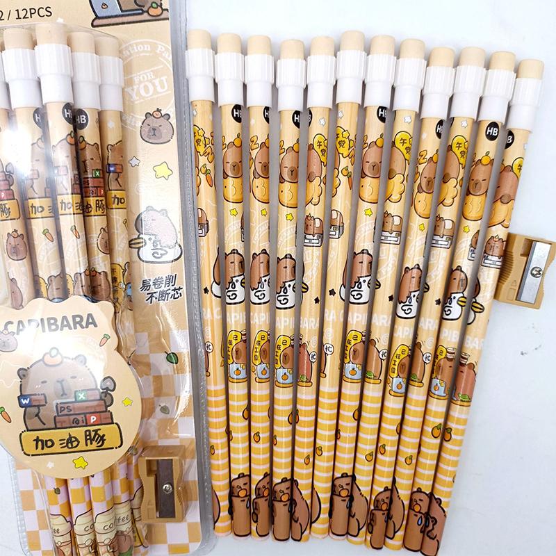 12Pcs Cute Cartoon Capybara Hb Pencils Stationery Set With Pencil Sharpener School Students Stationery Gift