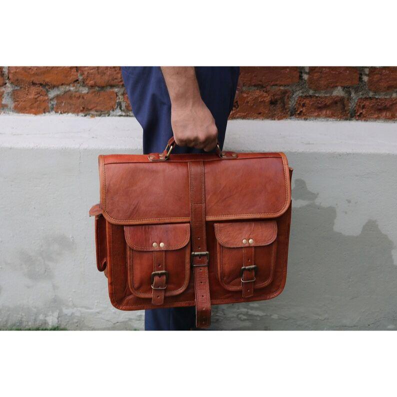 Leather Messenger Bag Laptop Case Office Briefcase Gift for Men Computer Distressed Shoulder Bag