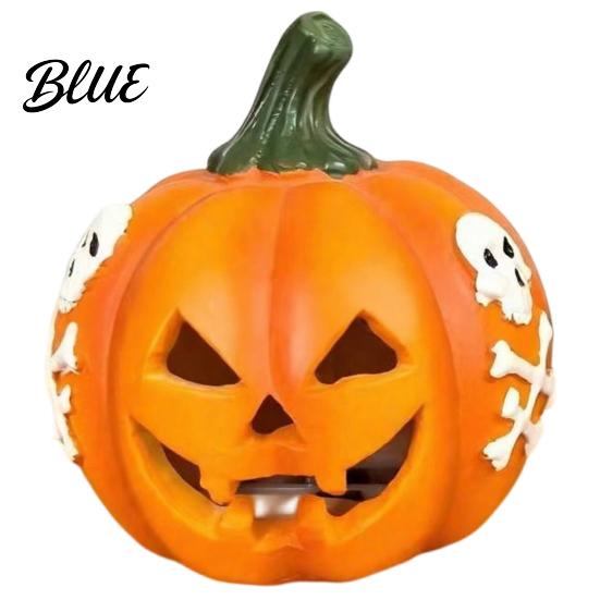 Artificial Pumpkin Decor Spooky Lighted Figurine Halloween Engraved Light-Up Resin Autumn Harvest Party Supplies Statue for Tabletop Indoor