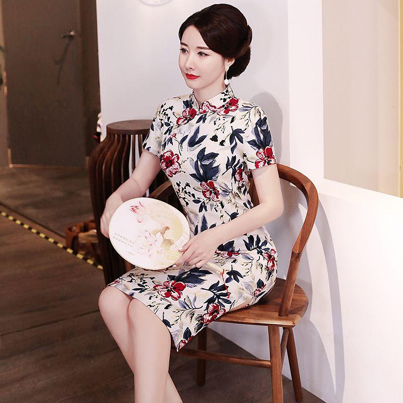 Summer Short-sleeved Cheongsam Chinese Style Dress Medium-length Large-size Dress