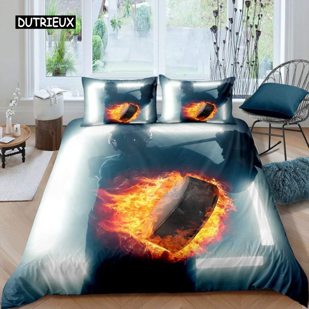 Ice Hockey Duvet Cover Set Boys Puck King Size Sports Games Theme Bedding Set for Kids Youth Adult Men Winter Match Quilt Cover