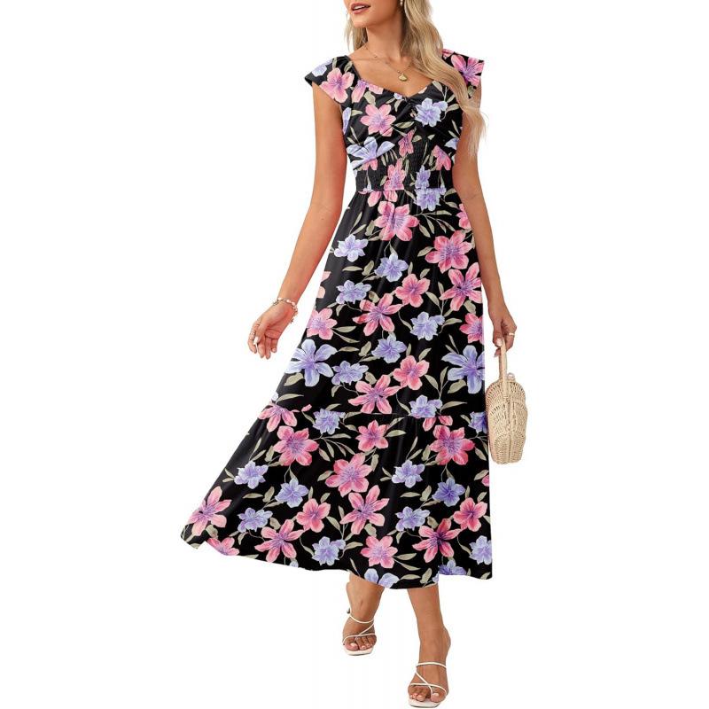 Bohemian lotus leaf sleeve dress women s 2026 summer new floral elegant A-shaped skirt S