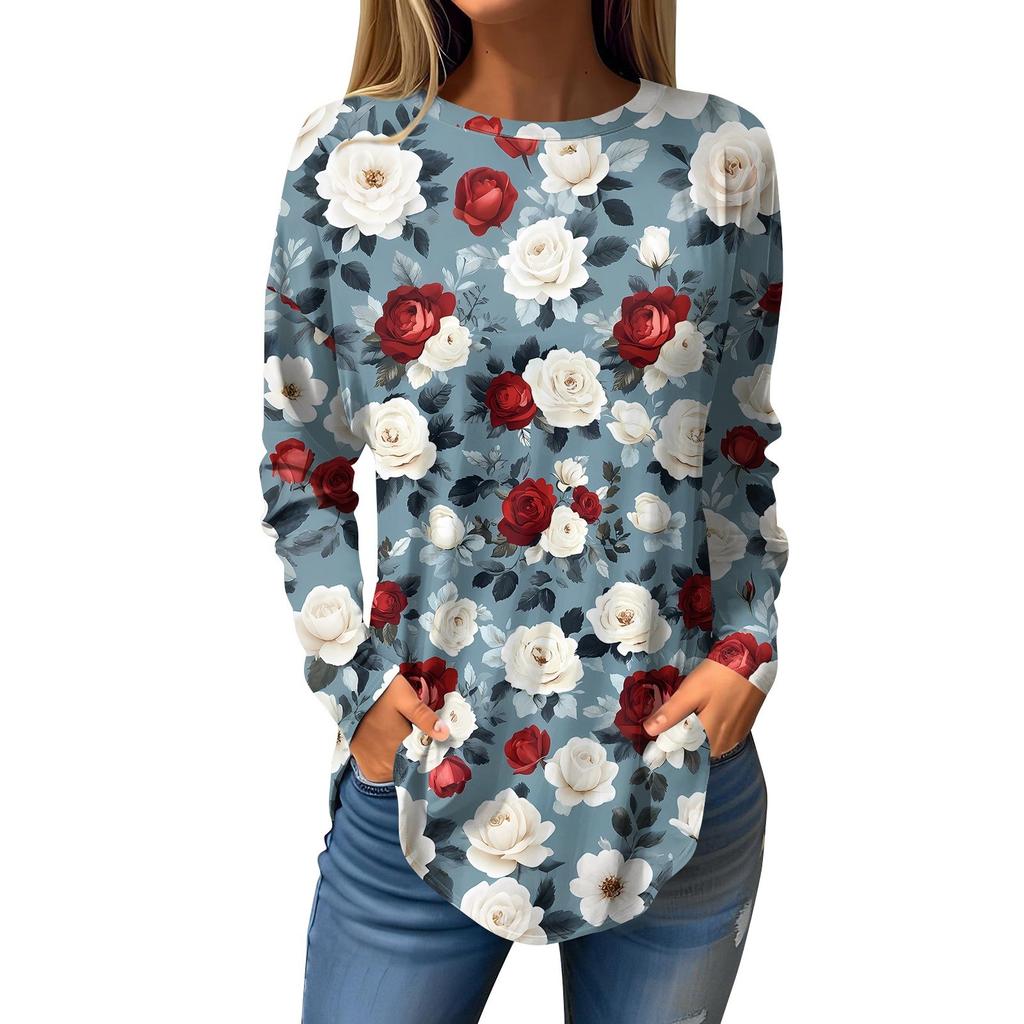 Women's Loose Round Neck Print Long Sleeve T-Shirt Top Pullover