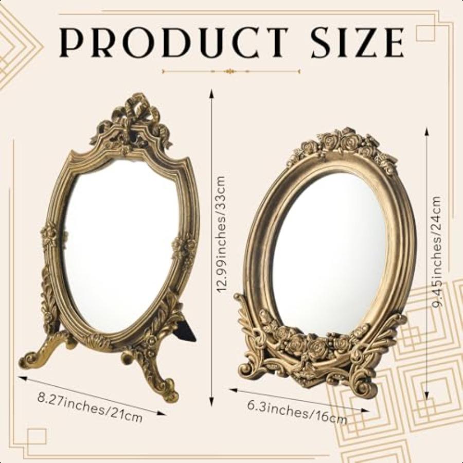

2 шт. Золотое туалетное зеркало Маленькое антикварное зеркало для макияжа Настольное декоративное зеркало с подставкой Витиеватое Традиционное Шикарное Барокко для Li United States