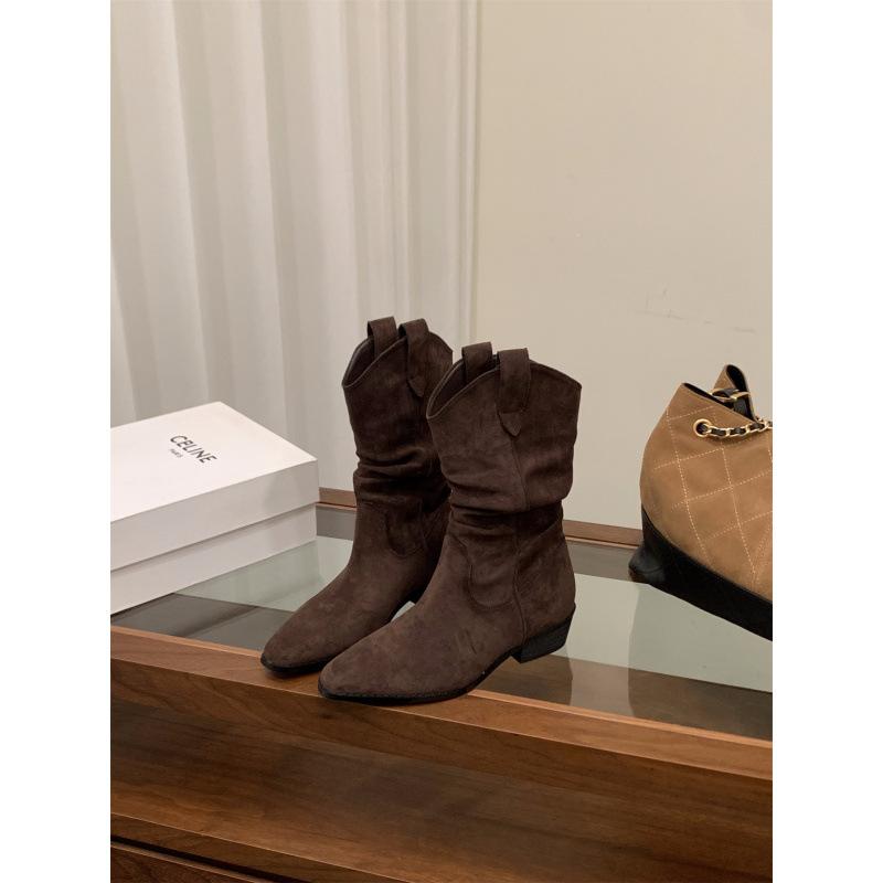 Grov Hæl Khaki Semsket Pels Medium Ridestøvler Dame Støvletter 2025 Høst og Vinter Spiss V-åpning Smale Korte Støvletter