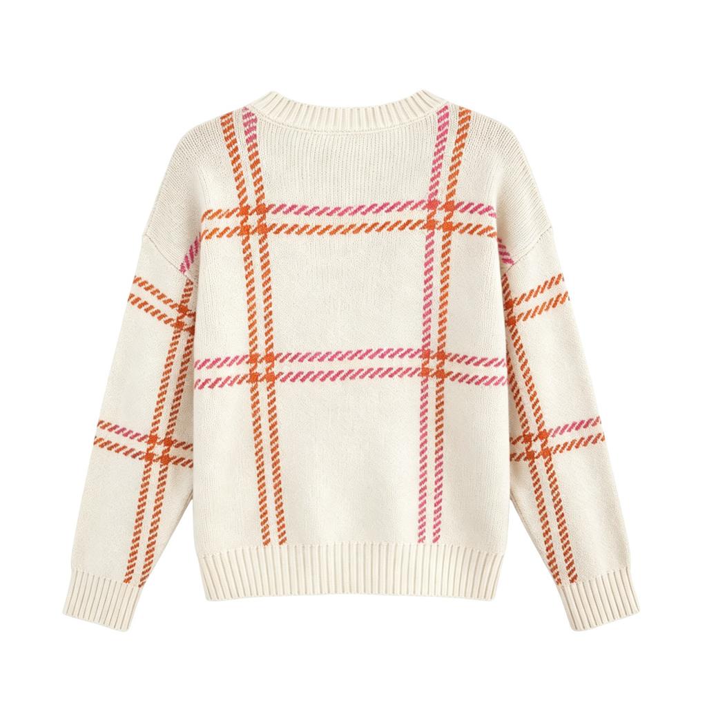 Women's Winter Plaid Color Block Pullover Sweater with Round Neck - Versatile Knit Top